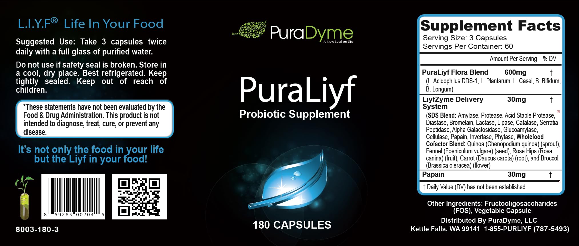Close-up of PuraDyme PuraLiyf probiotic capsules showcasing multi-strain blend