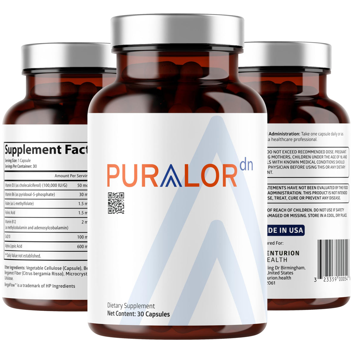 Front view of Puralor DN Nerve Support Supplement bottle