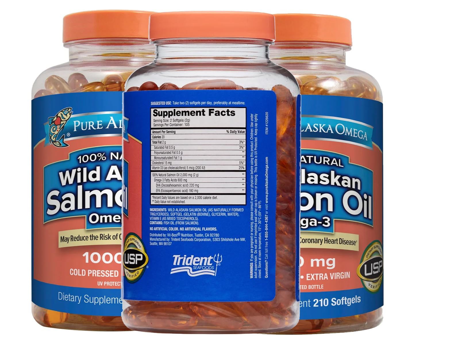 Bottle of Pure Alaskan Omega Wild Salmon Oil 1000 mg on white background