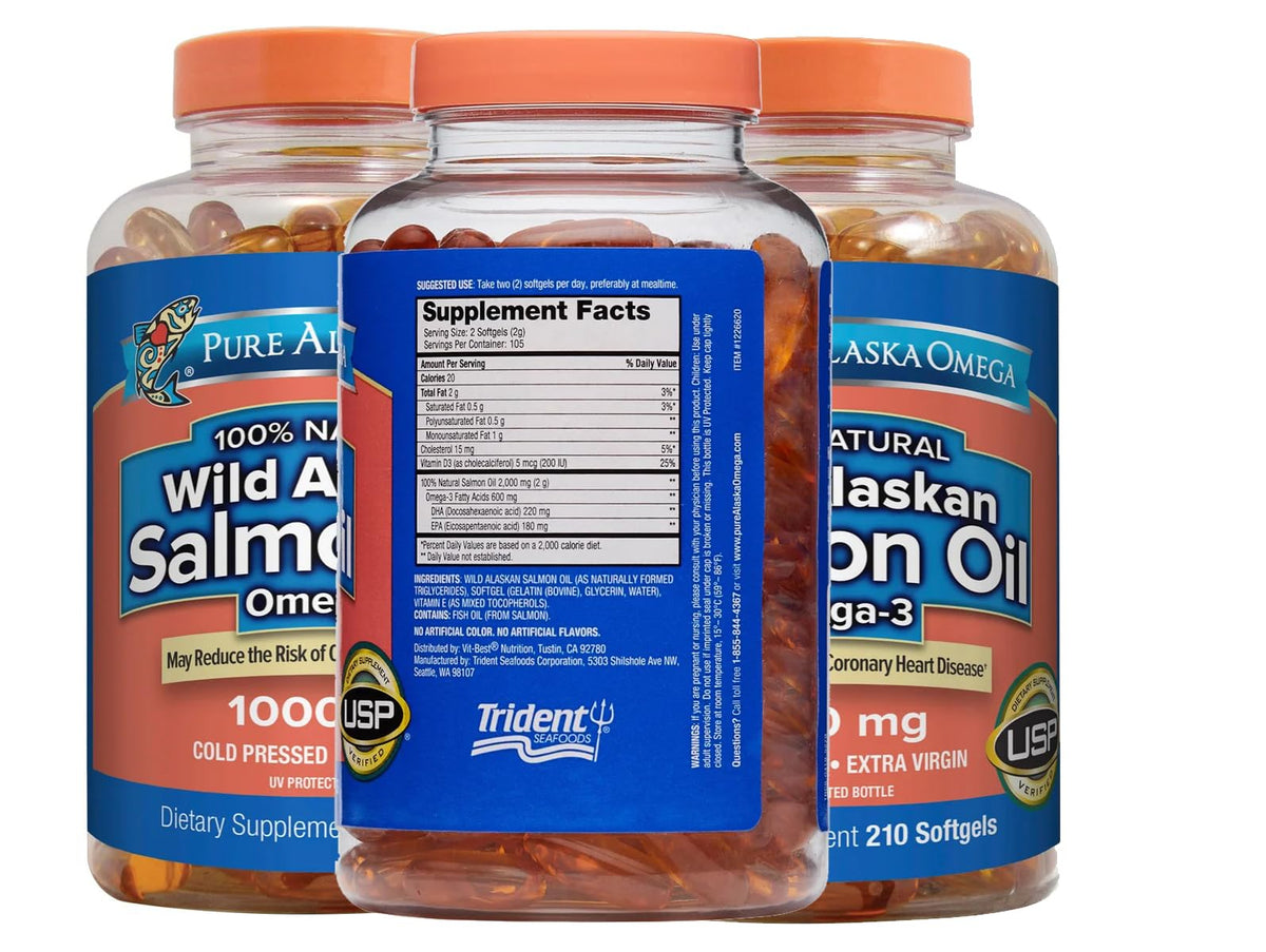 Bottle of Pure Alaskan Omega Wild Salmon Oil 1000 mg on white background