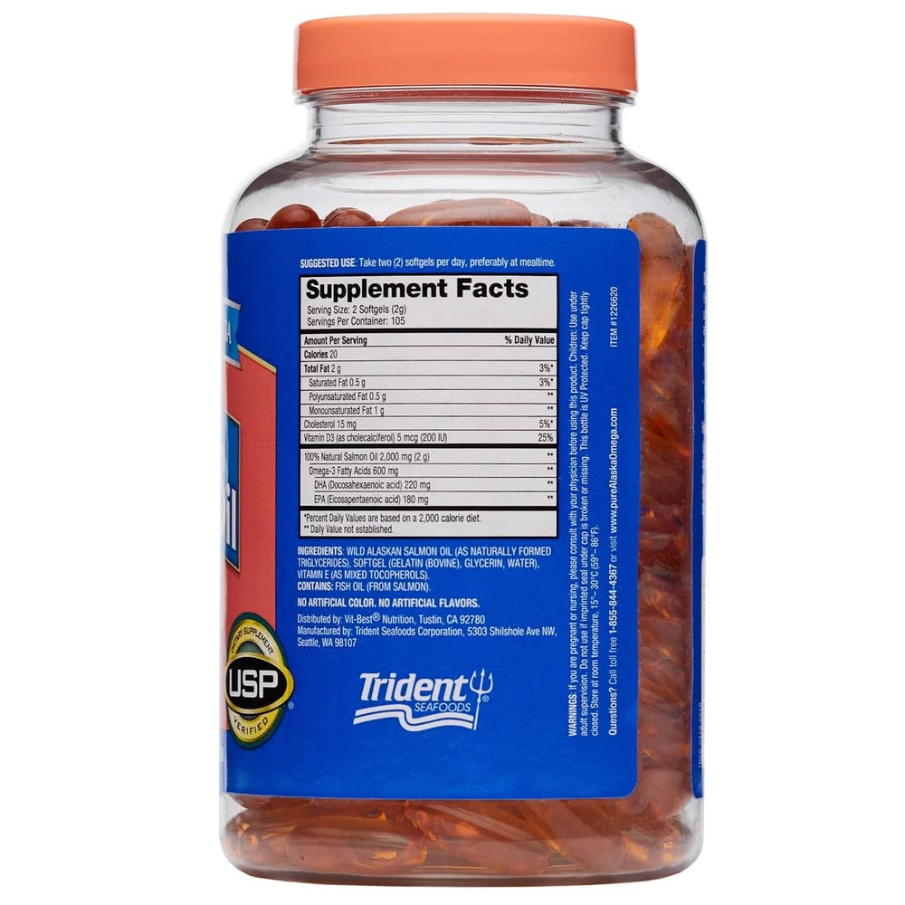 Close-up of softgel capsules for Pure Alaskan Omega Wild Salmon Oil