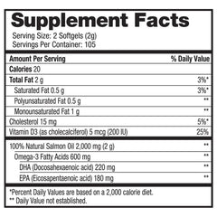 Nutrition label showing 210 softgels per bottle and 1000 mg per softgel