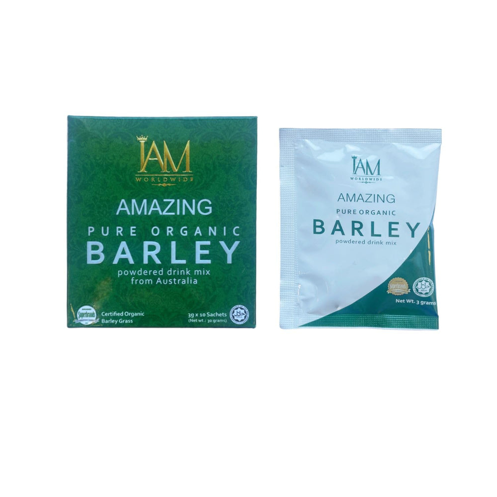 Pouring Pure Barley Powdered Drink Mix into a glass