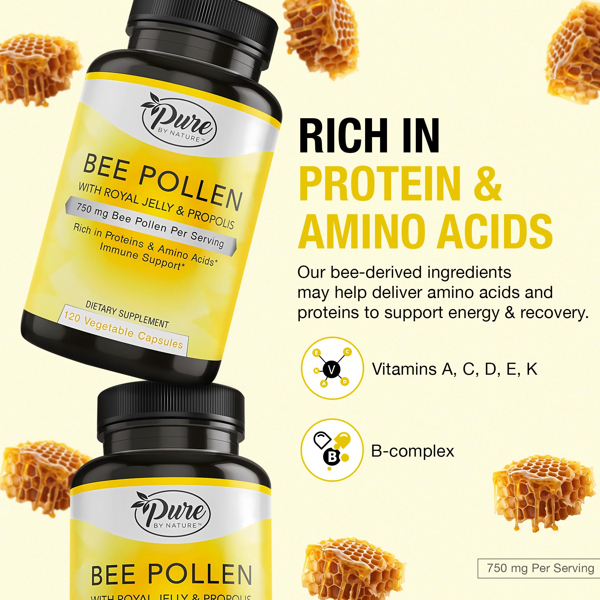 Vegetarian capsules containing bee pollen, propolis and royal jelly