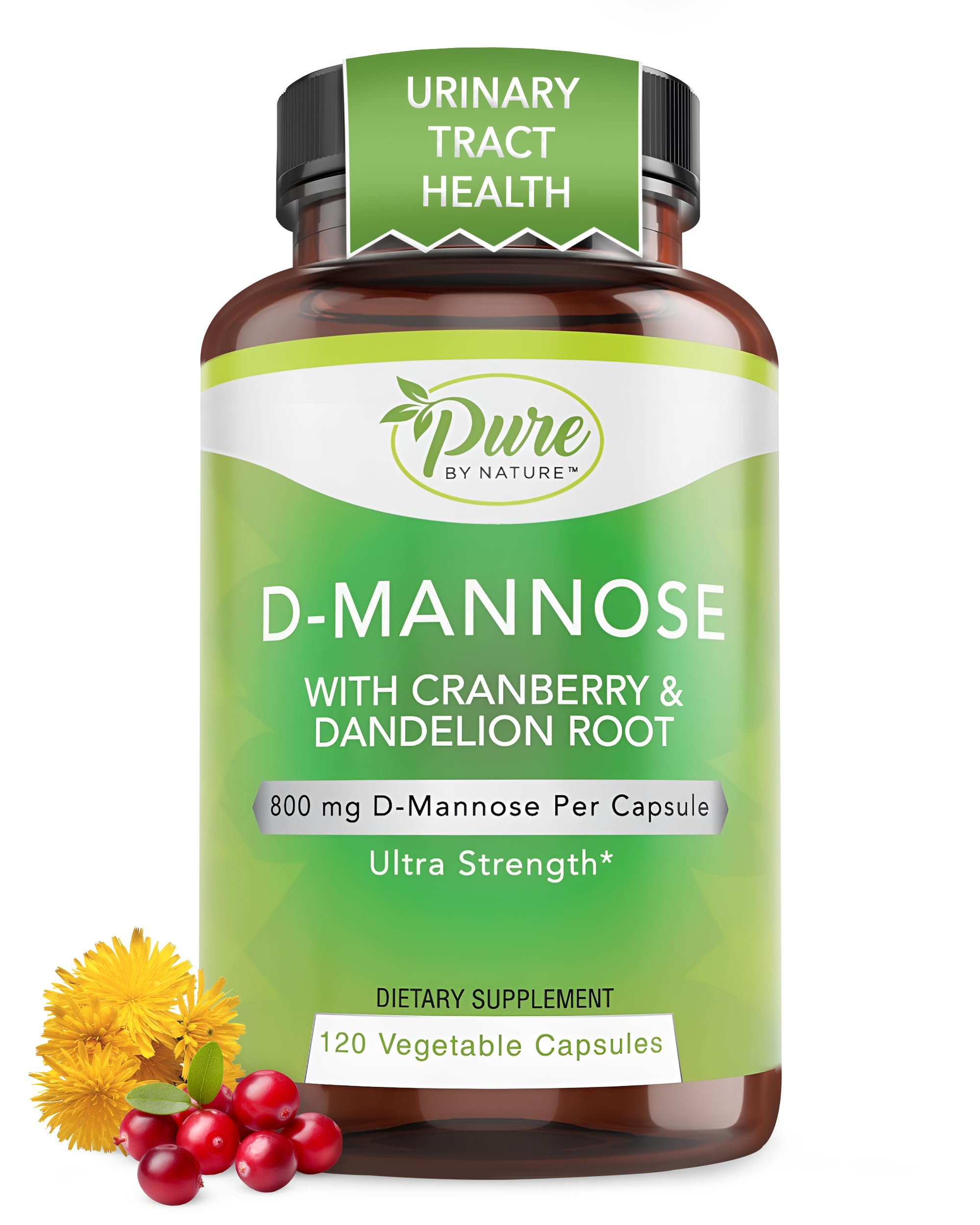 Pure By Nature D-Mannose bottle with cranberry and dandelion root label