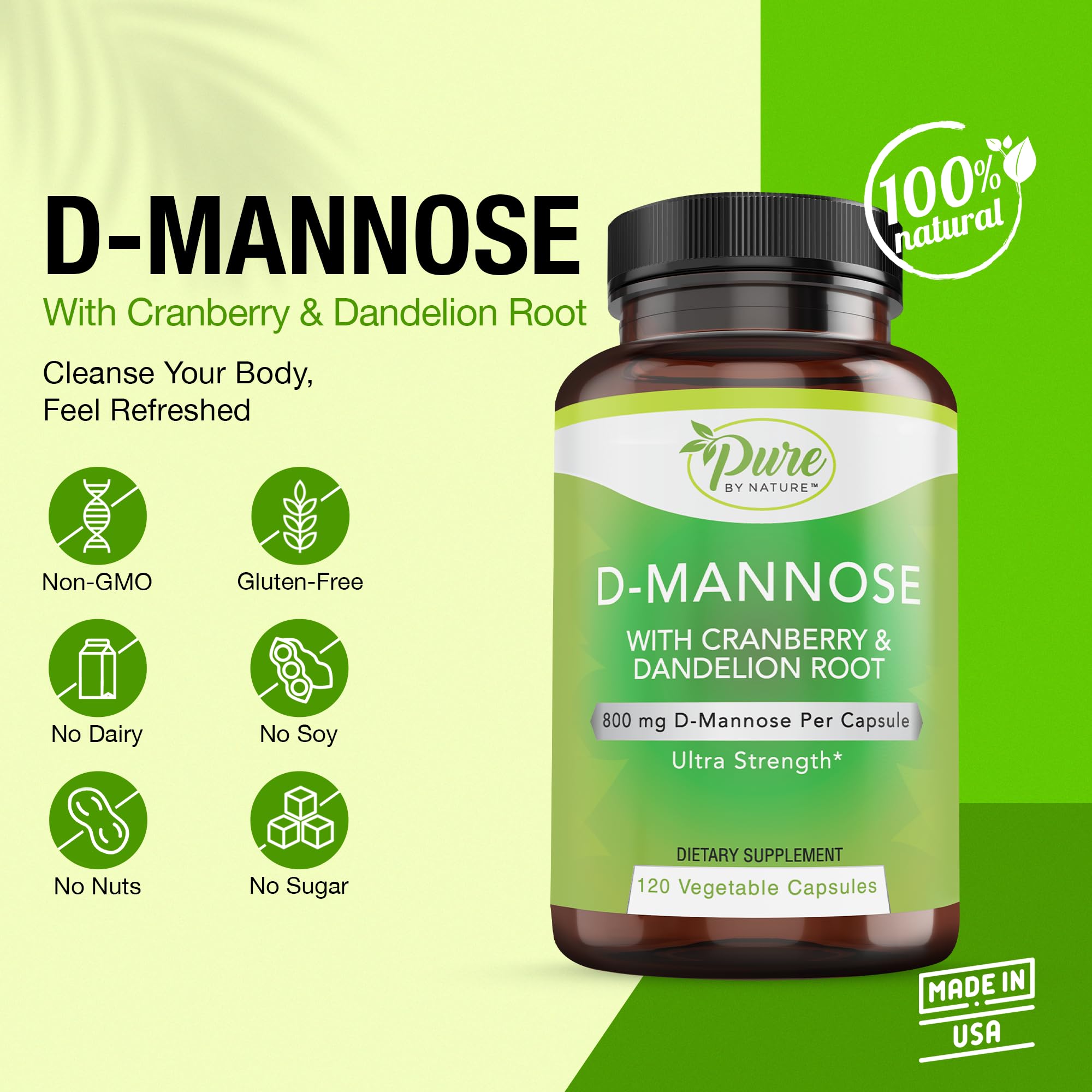 Close-up of 600 mg D-Mannose capsule with cranberry and dandelion extract