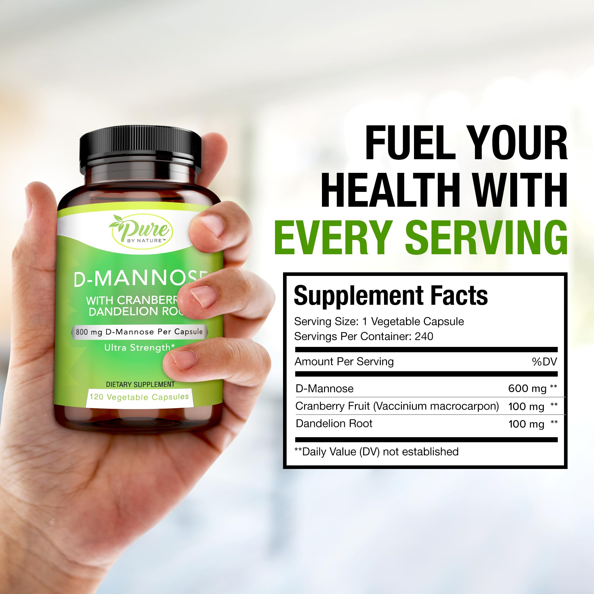 120-count bottle of Pure By Nature D-Mannose with Cranberry and Dandelion Root