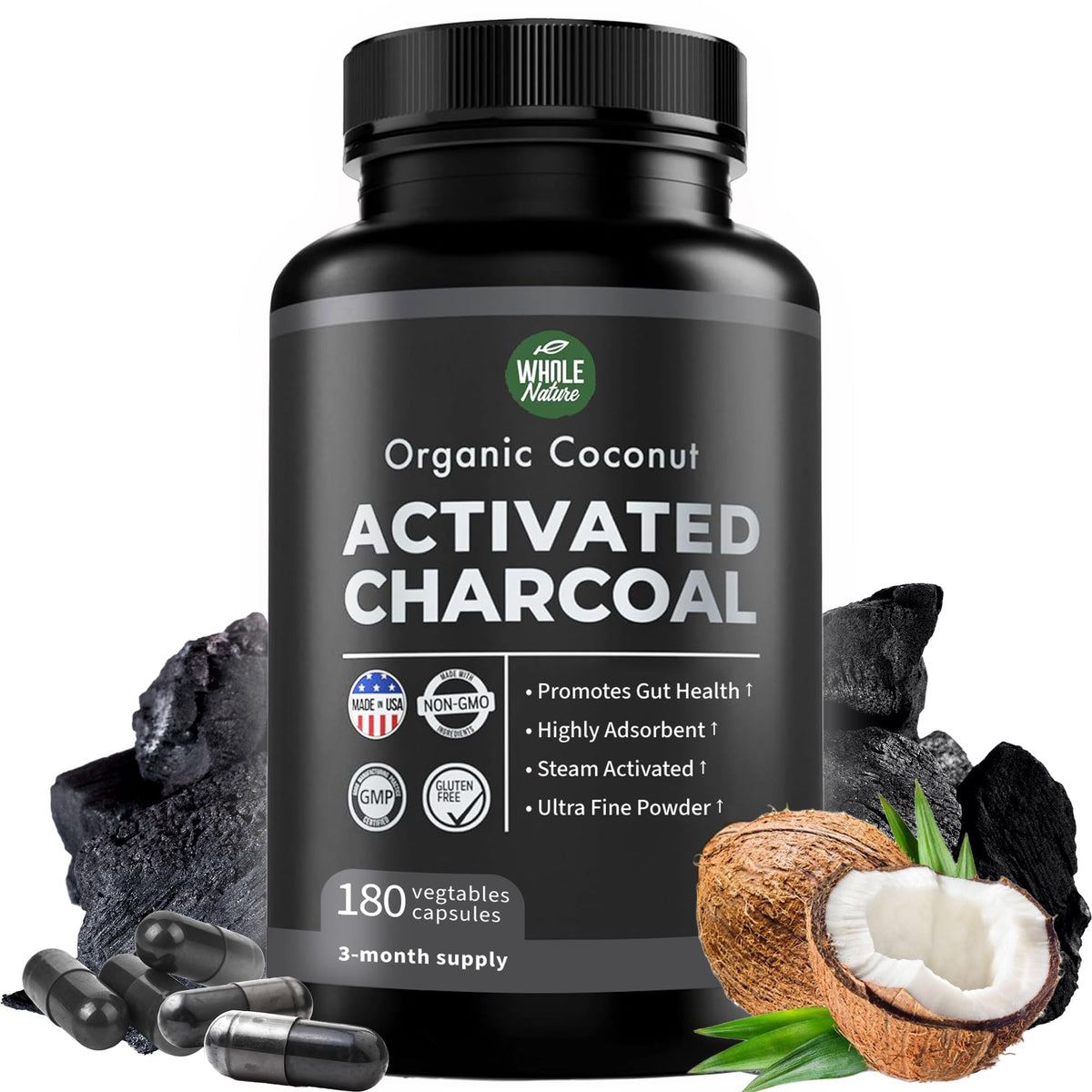 180-count bottle of pure coconut activated charcoal capsules