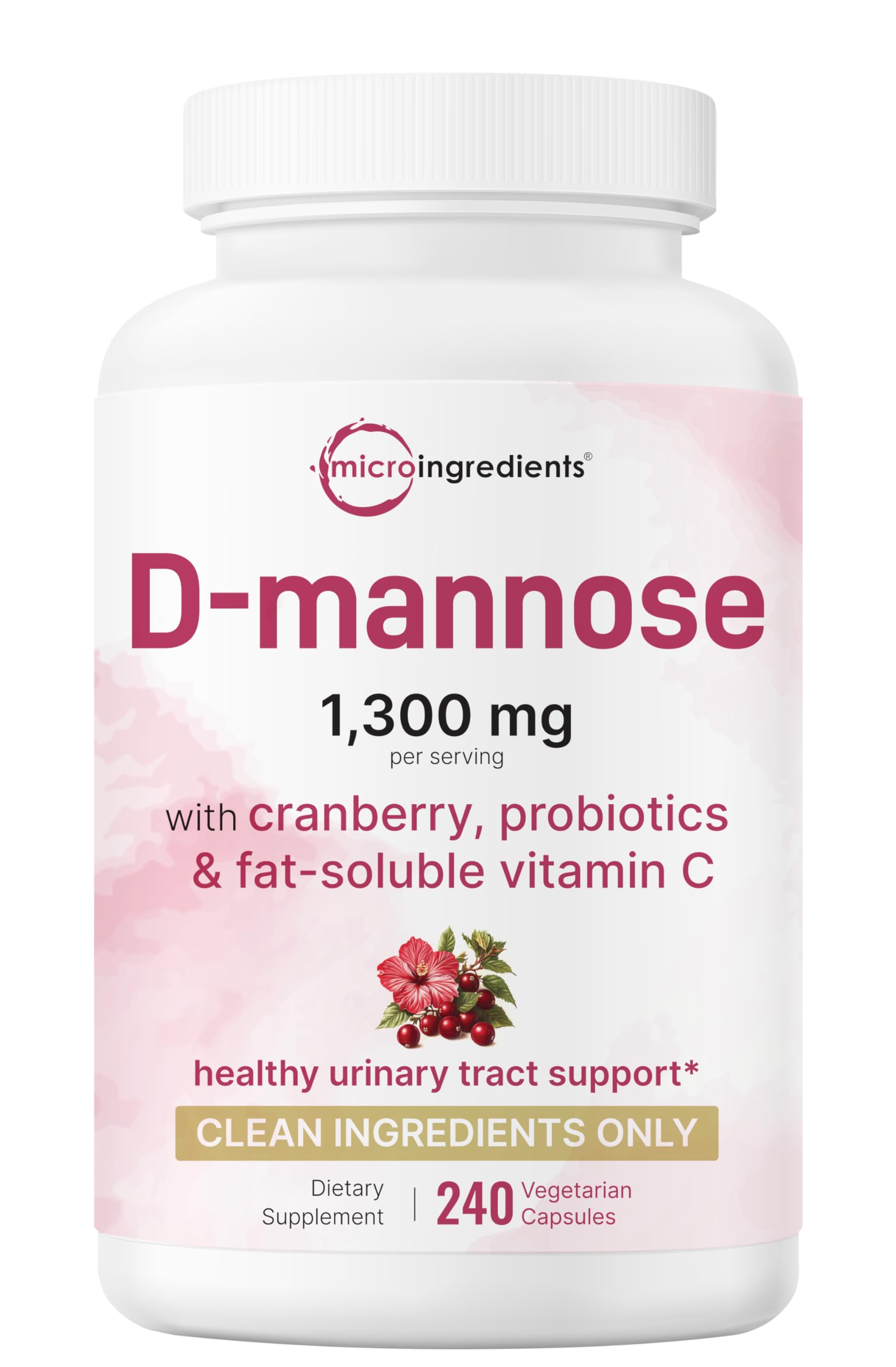Pure D-Mannose 1300mg with Cranberry and Probiotics in vegetarian capsules
