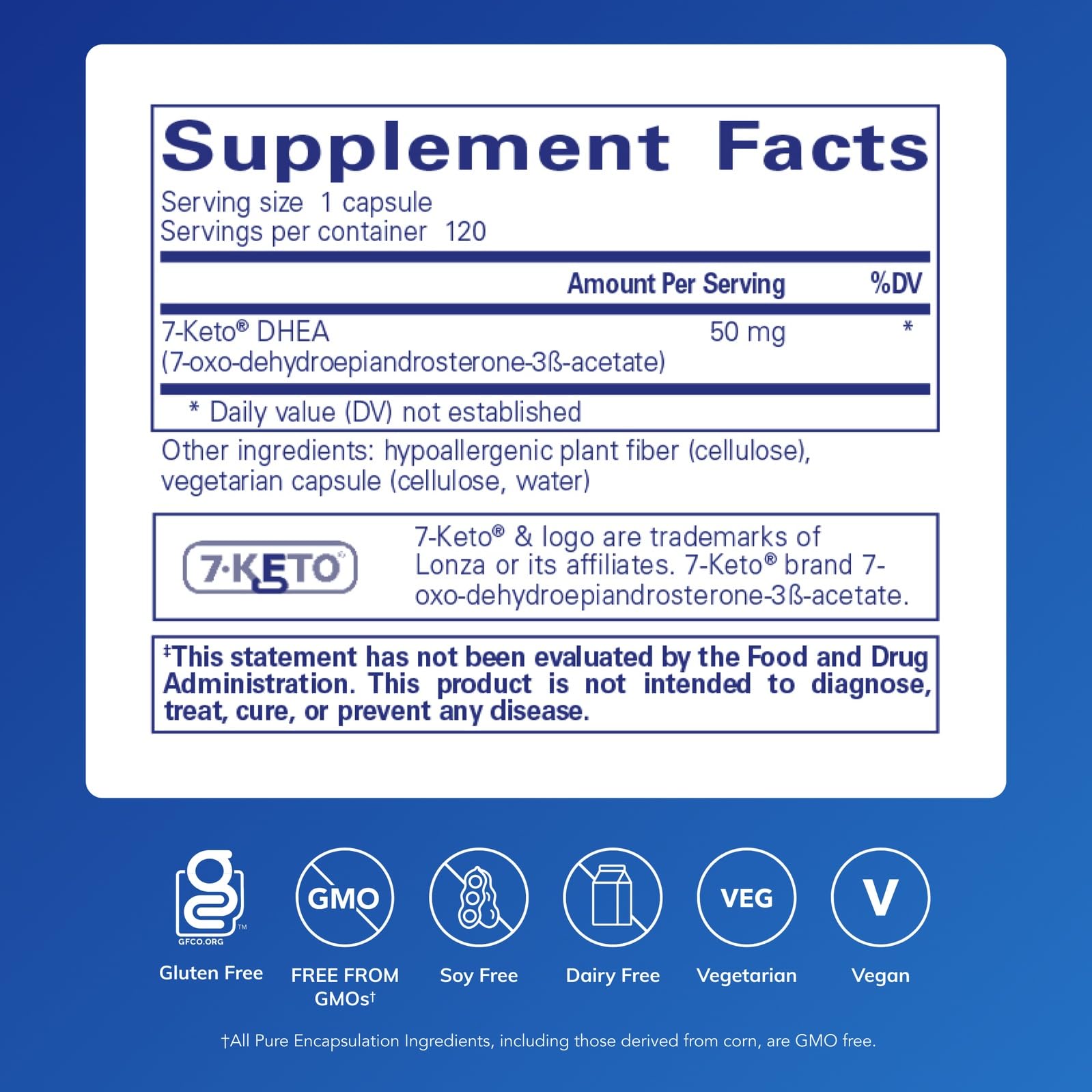 Close-up of 7-Keto DHEA 50 mg capsule bottle