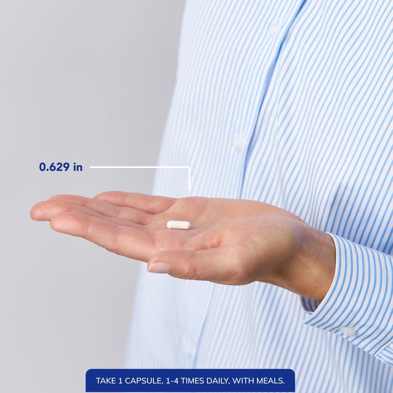 Seven capsules displayed next to bottle