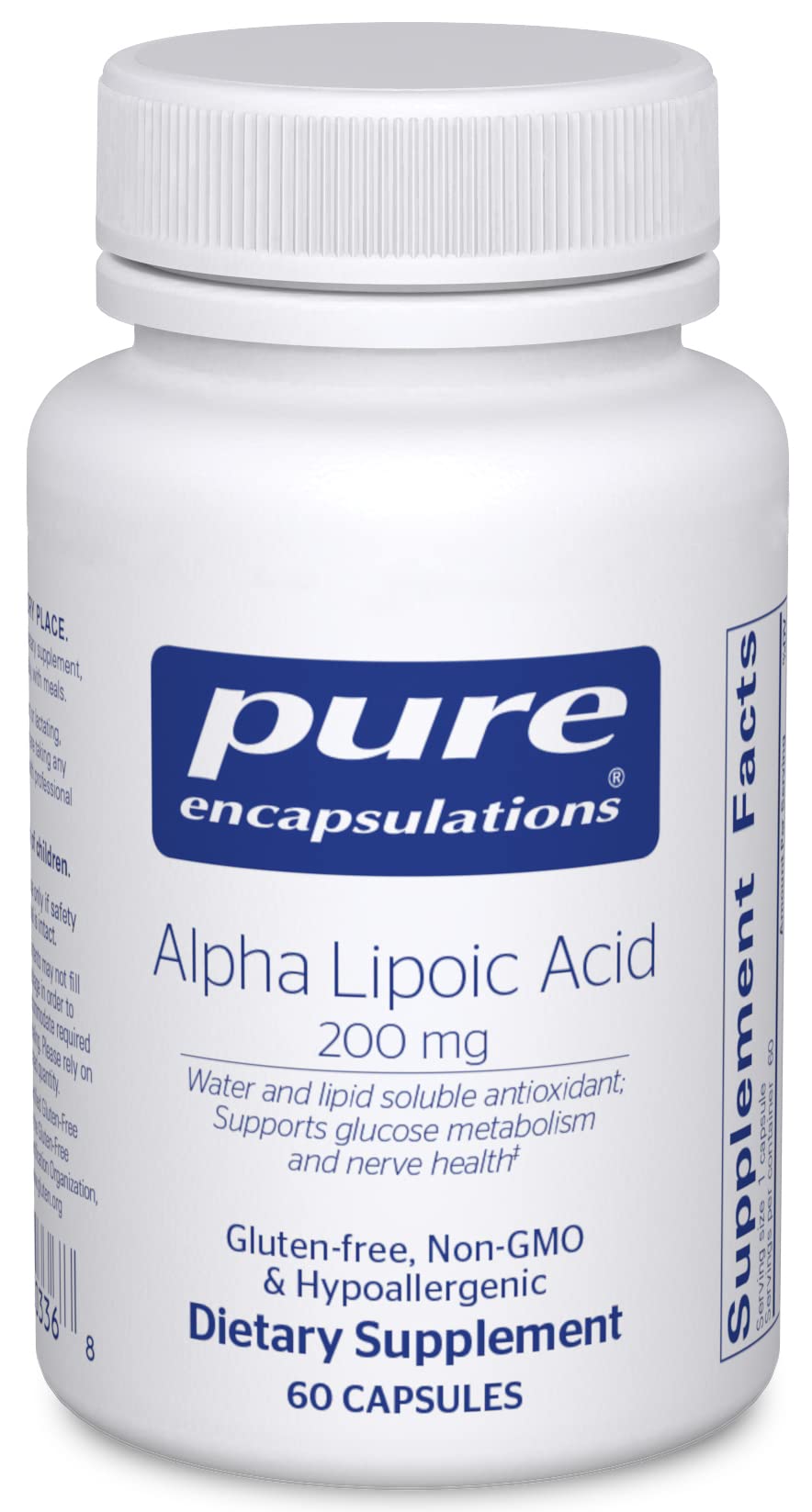 Bottle label for Pure Encapsulations Alpha Lipoic Acid 200 mg
