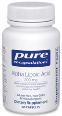 Bottle label for Pure Encapsulations Alpha Lipoic Acid 200 mg