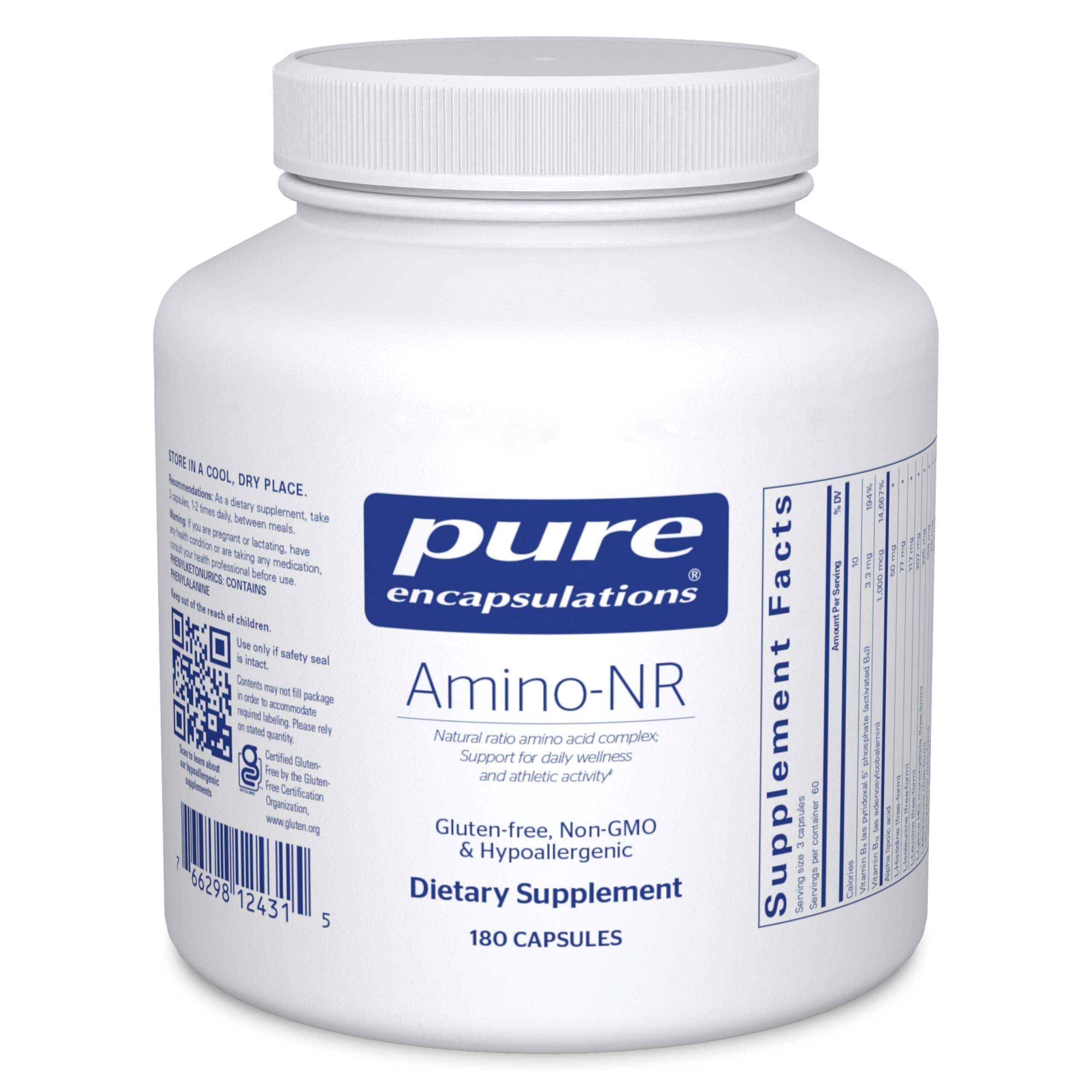 Pure Encapsulations Amino-NR bottle on table suggesting athletic support and purity.