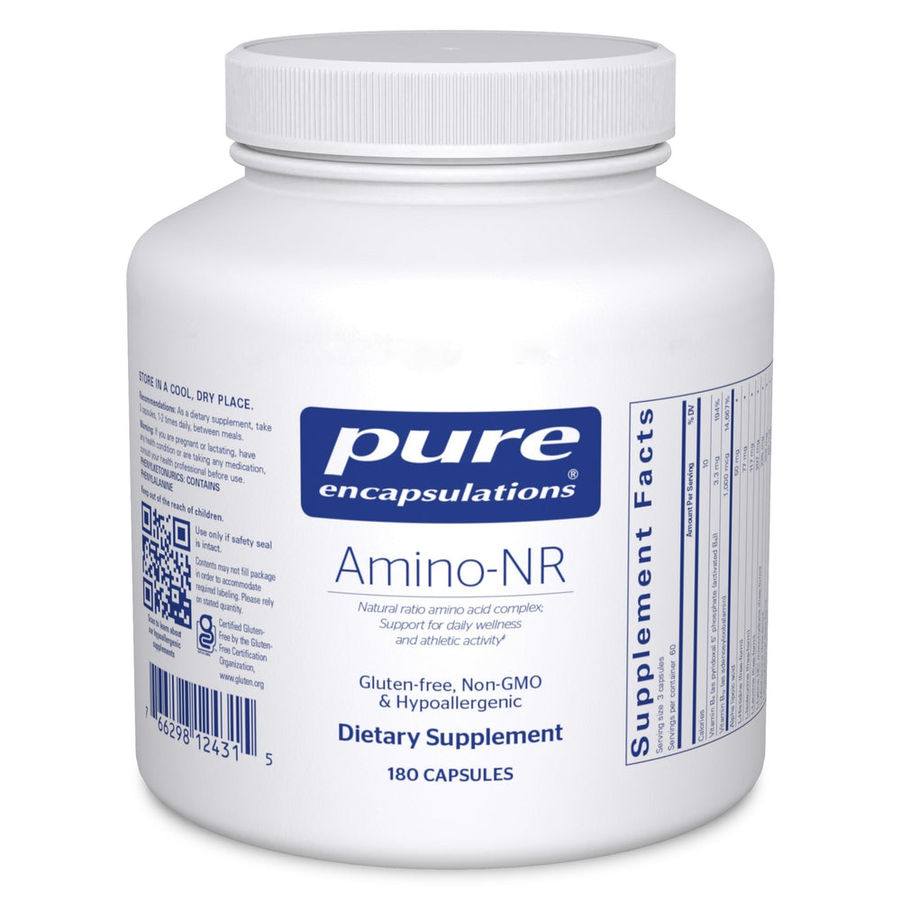 Pure Encapsulations Amino-NR bottle on table suggesting athletic support and purity.
