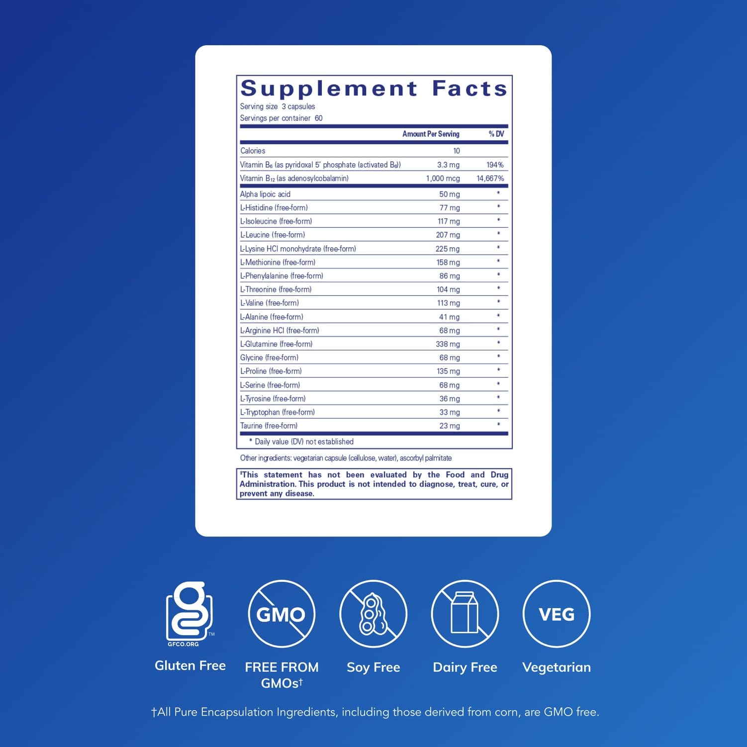 Pure Encapsulations Amino-NR label closeup highlighting a clean immune-supporting blend.