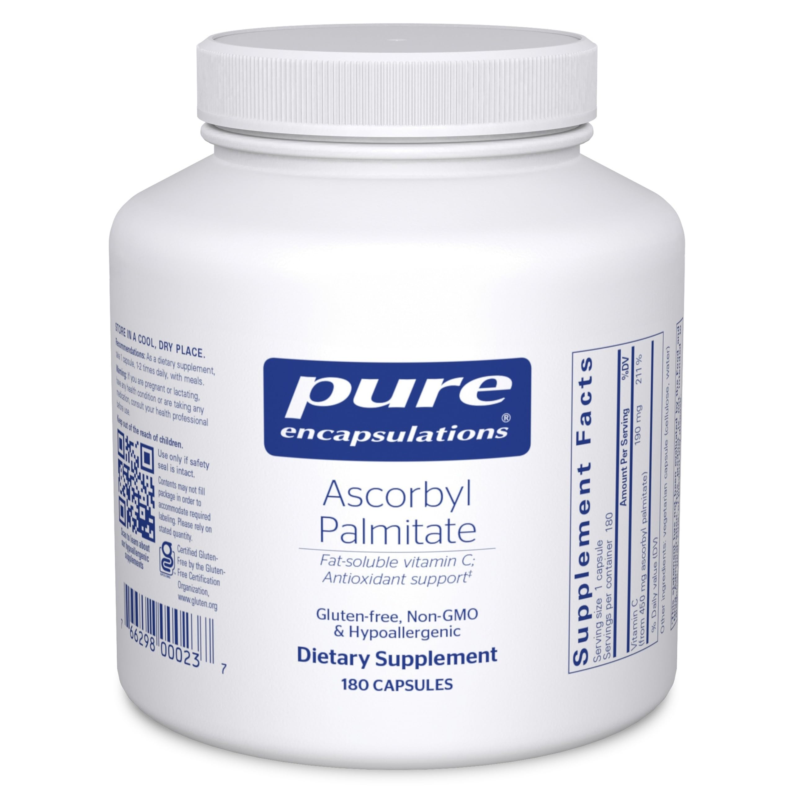 Pure Encapsulations Ascorbyl Palmitate bottle-front emphasizing immune support and purity