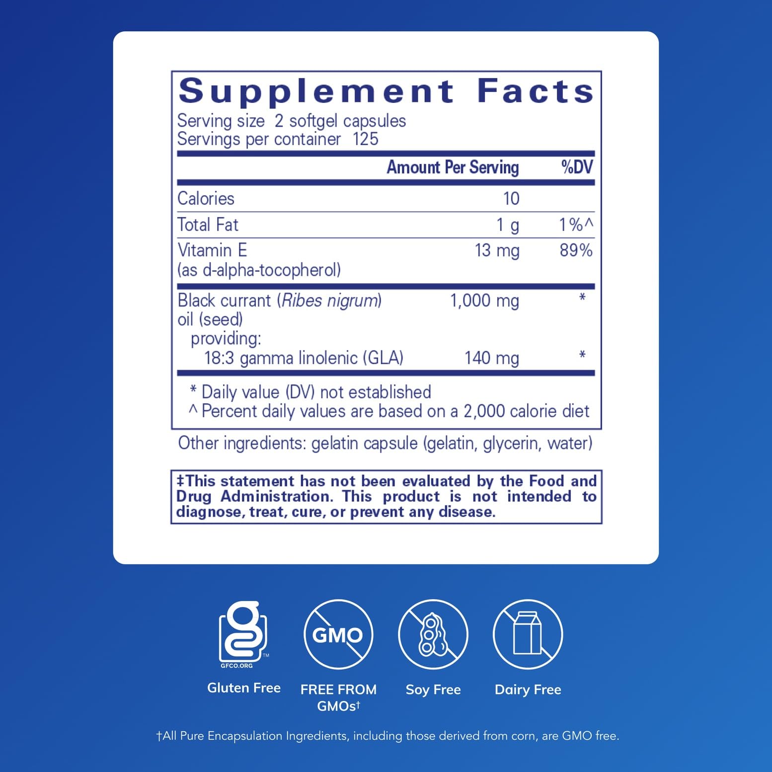 Pure Encapsulations Black Currant Seed Oil softgels closeup highlighting potential immune support.