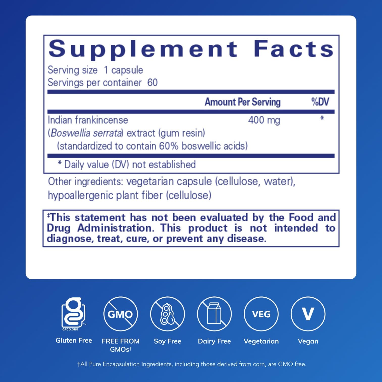 Boswellia Supplement label - vegan and non-GMO