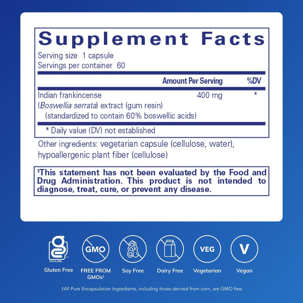 Boswellia Supplement label - vegan and non-GMO