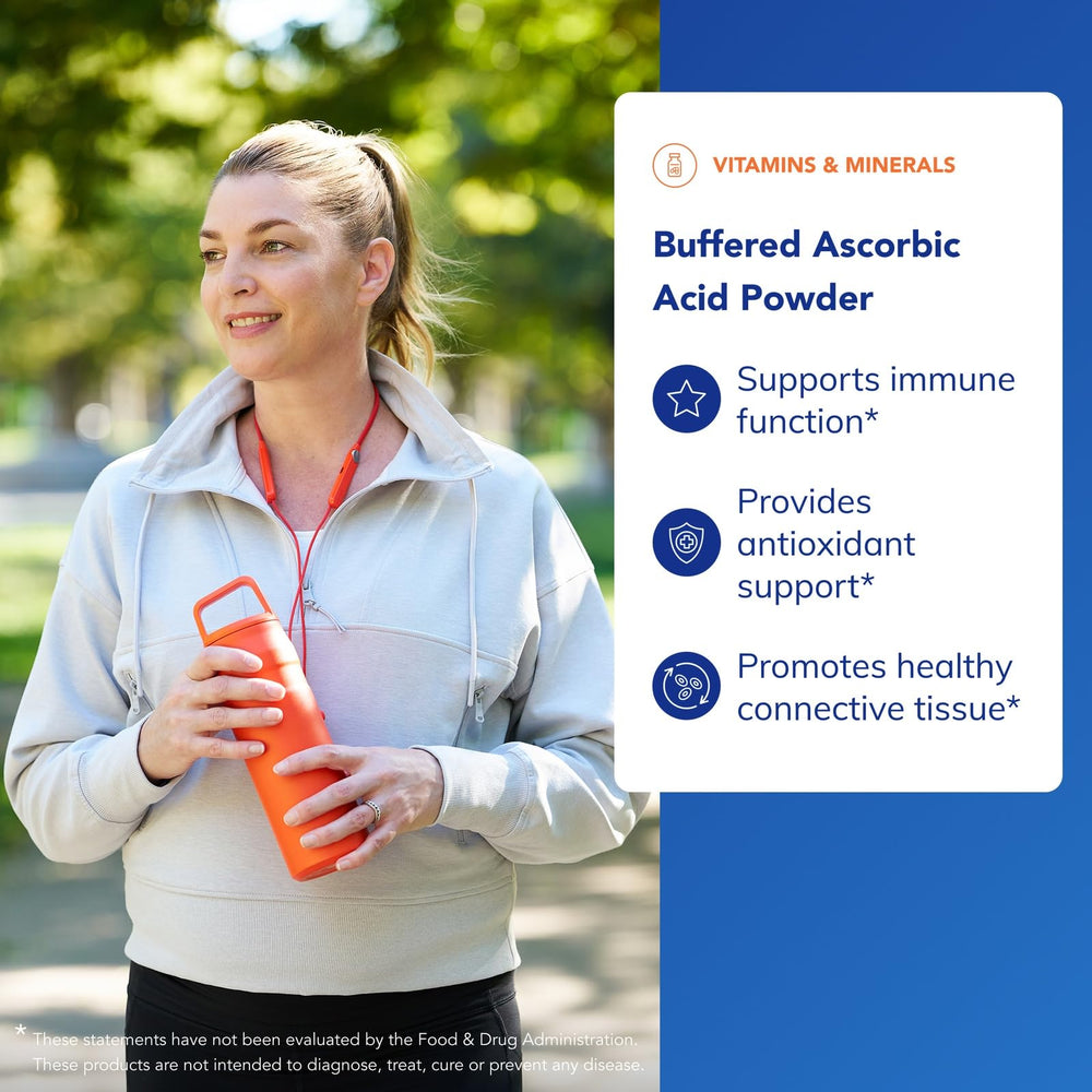 Pure Encapsulations Buffered Ascorbic Acid Powder jar close-up emphasizes high-purity antioxidant support.