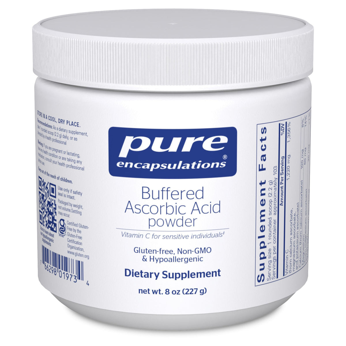 Pure Encapsulations Buffered Ascorbic Acid Powder bottle label highlights gentle, stomach-friendly vitamin C.