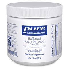 Pure Encapsulations Buffered Ascorbic Acid Powder bottle label highlights gentle, stomach-friendly vitamin C.