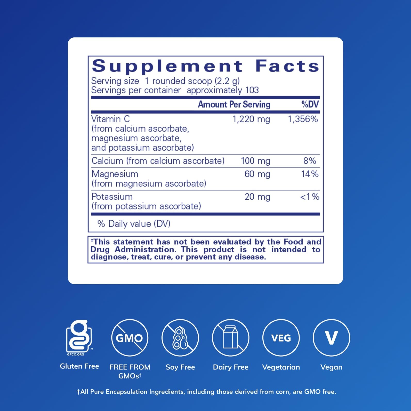 Pure Encapsulations Buffered Ascorbic Acid Powder with scoop shows neutral-pH vitamin C for sensitive users.