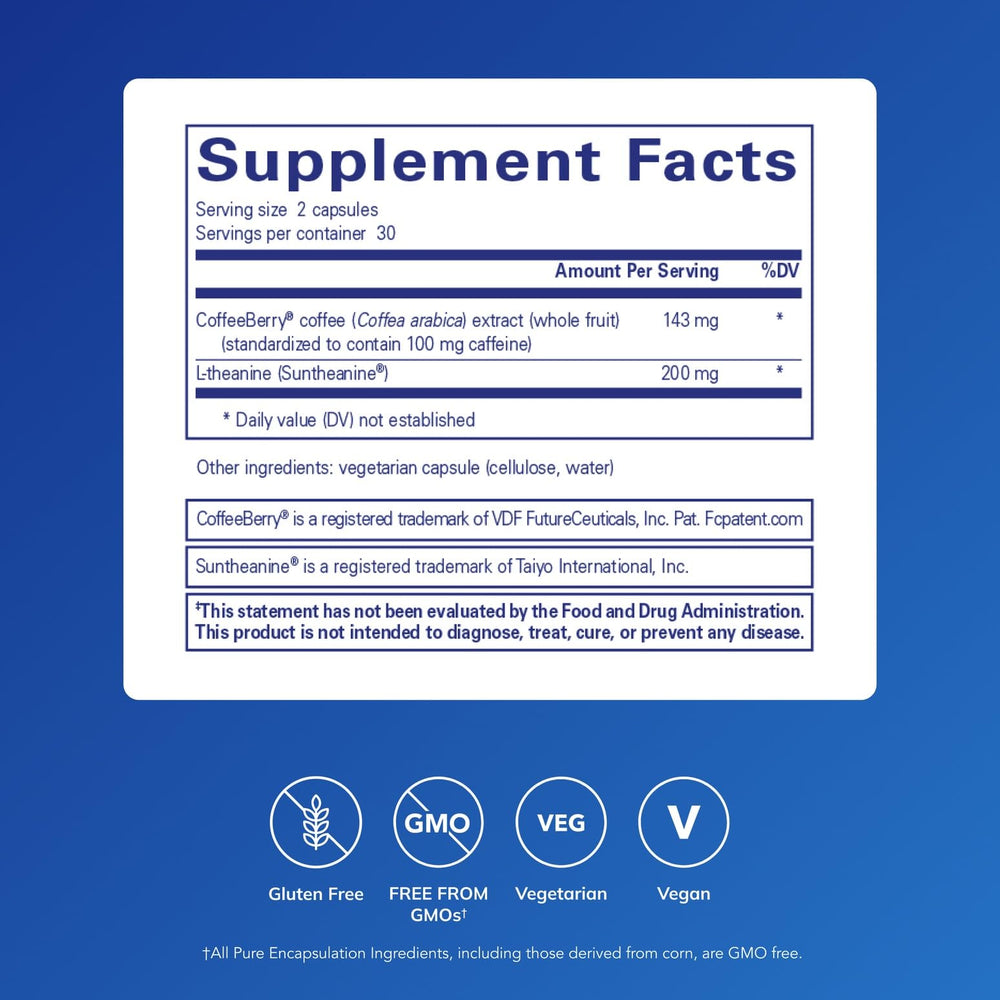 Pure Encapsulations CaffPhenol bottle open reveals a 60-capsule supply for daily focus.