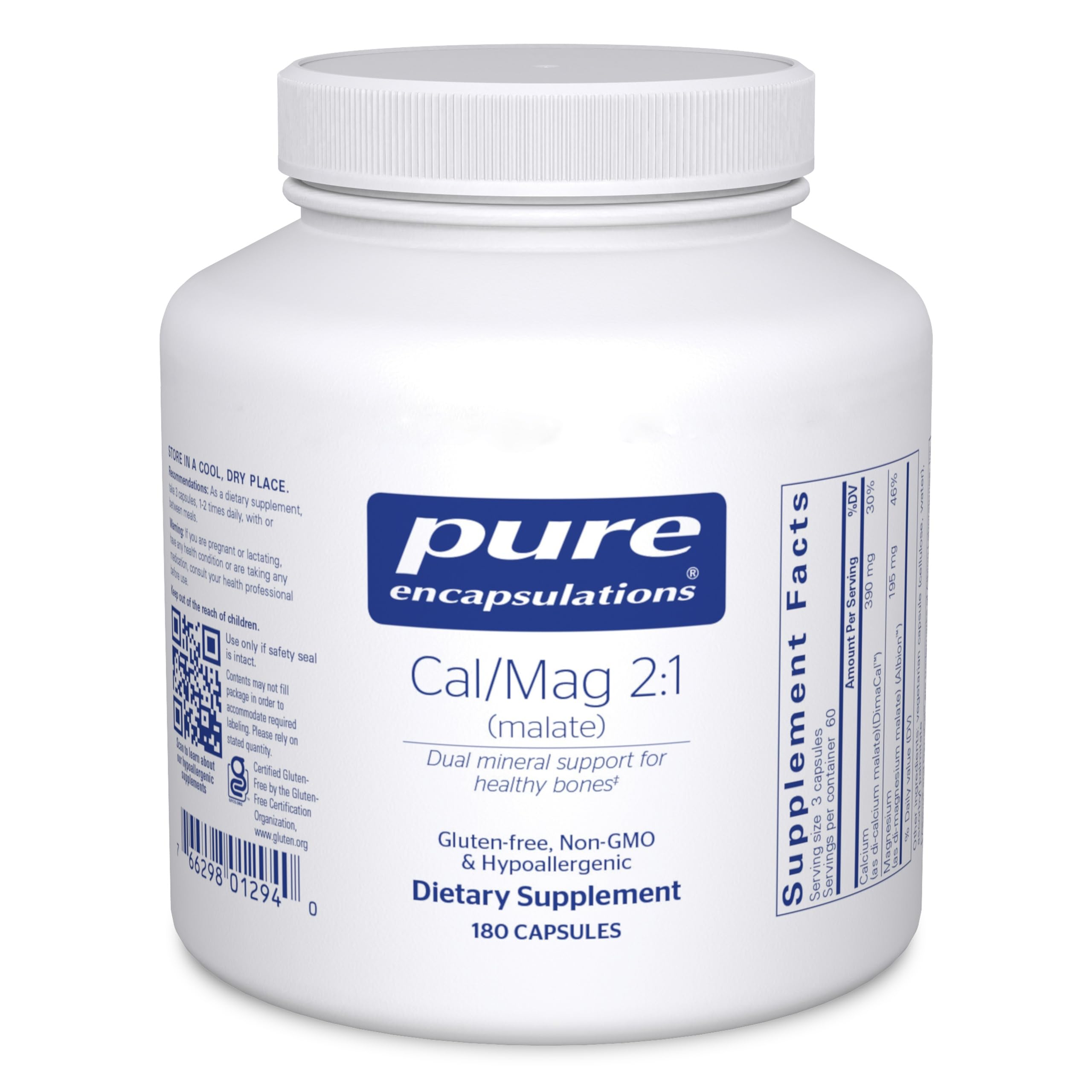 Bottle of Pure Encapsulations Cal/Mag Malate 2:1 calcium and magnesium supplement