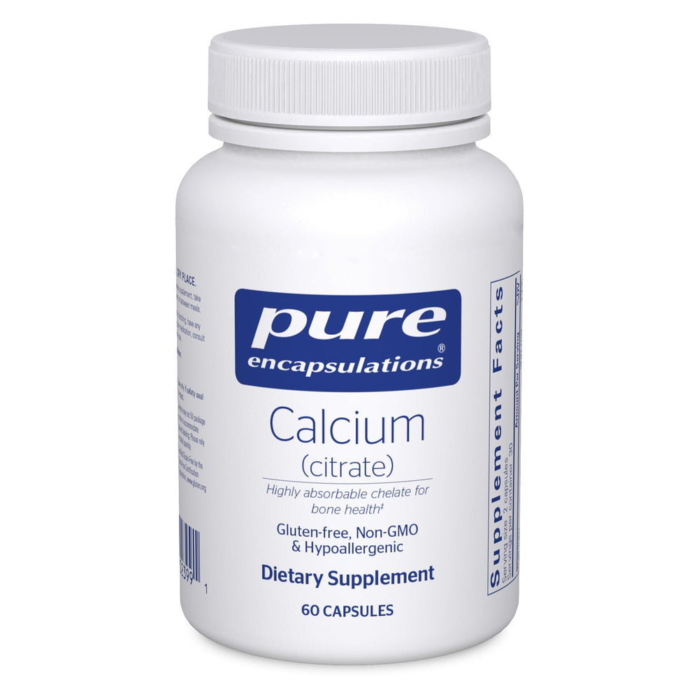 Pure Encapsulations Calcium Citrate bottle highlighting bone support and high bioavailability.