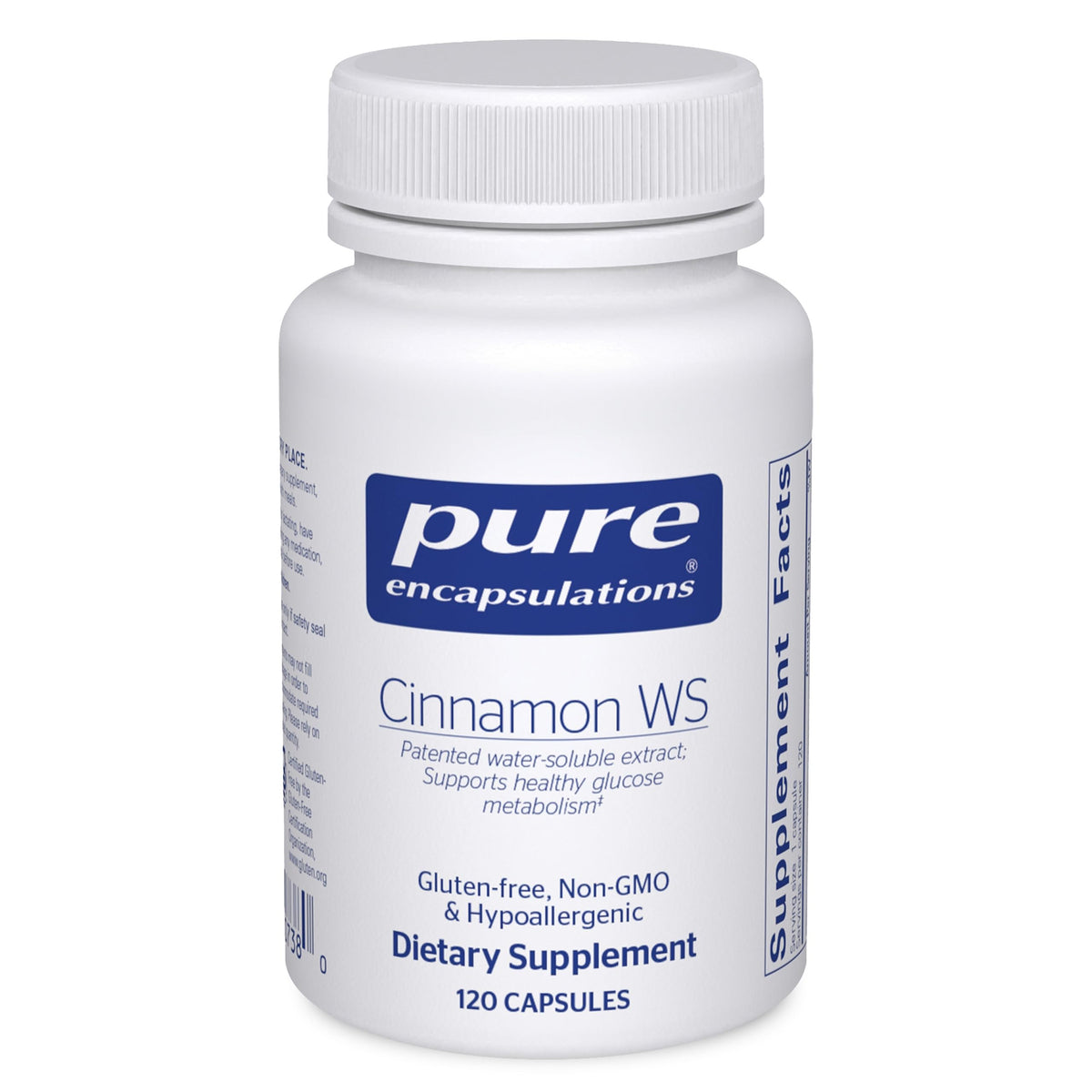 Pure Encapsulations Cinnamon WS bottle 120 caps for convenient carbohydrate support.