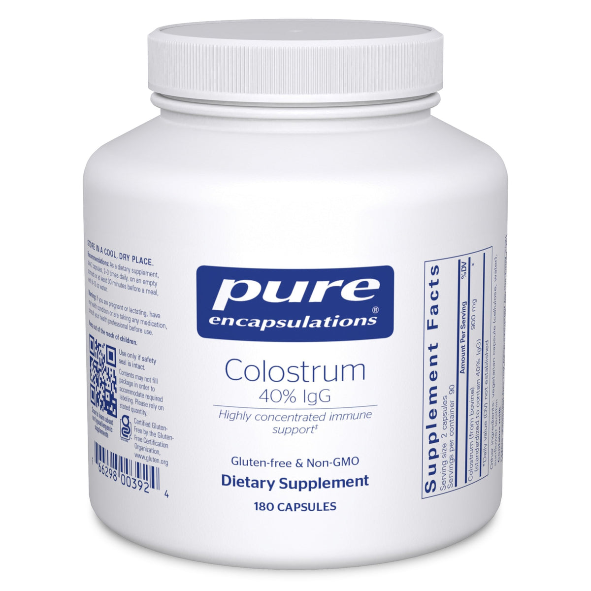 Pure Encapsulations Colostrum bottle: front label, 180 capsules