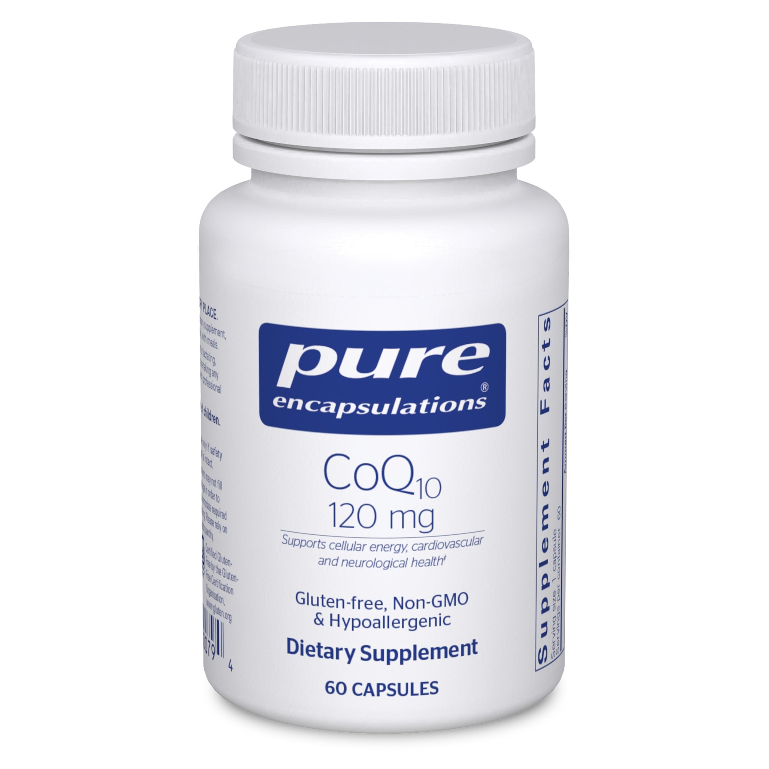 Front view of Pure Encapsulations CoQ10 120 mg bottle on white background