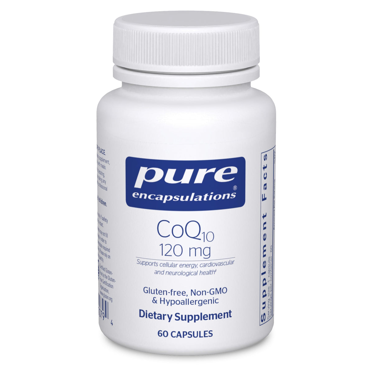 Front view of Pure Encapsulations CoQ10 120 mg bottle on white background