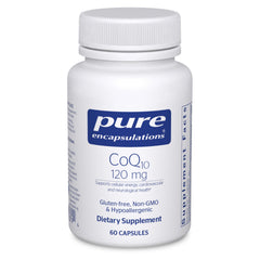 Front view of Pure Encapsulations CoQ10 120 mg bottle on white background