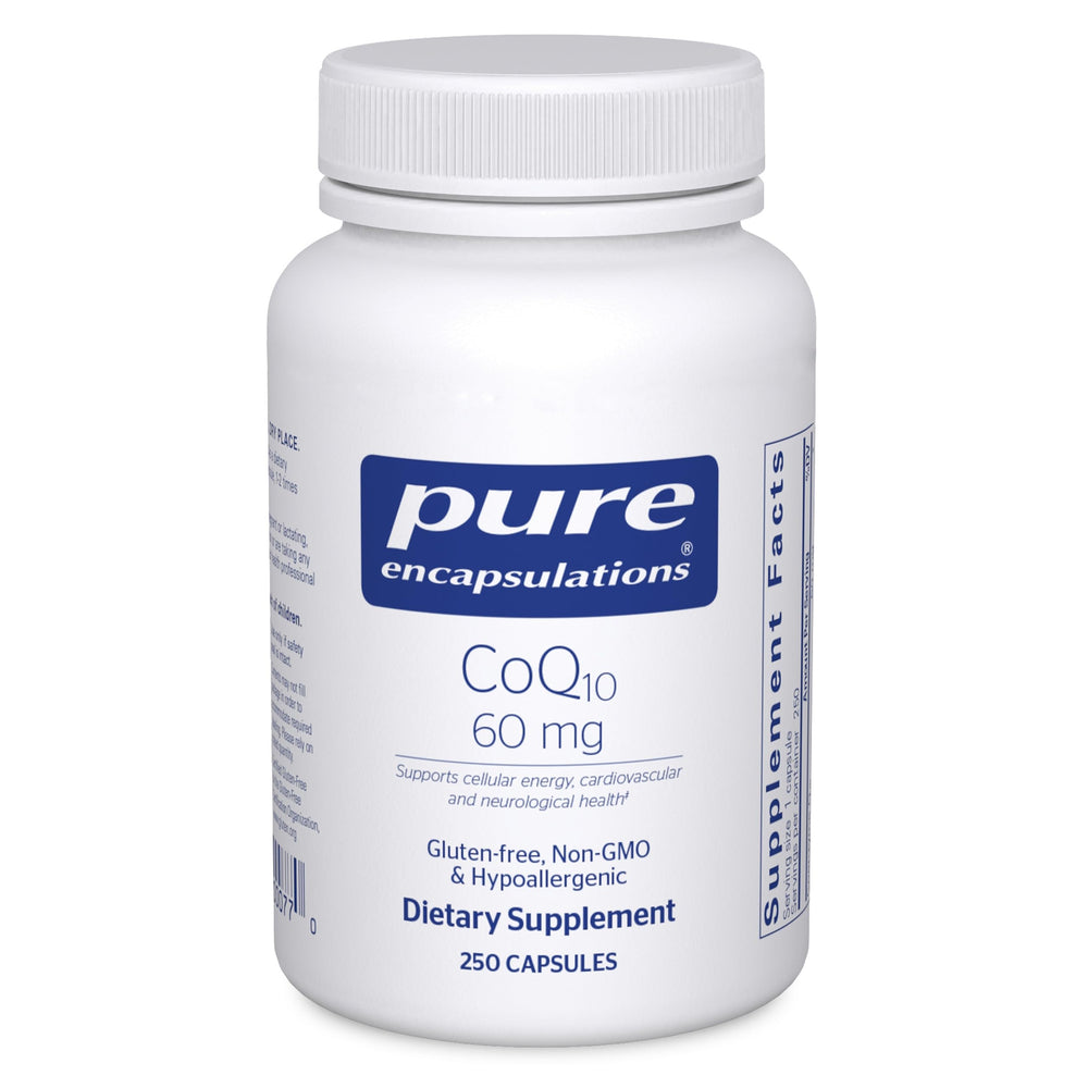 Bottle of Pure Encapsulations CoQ10 60 mg on a white background