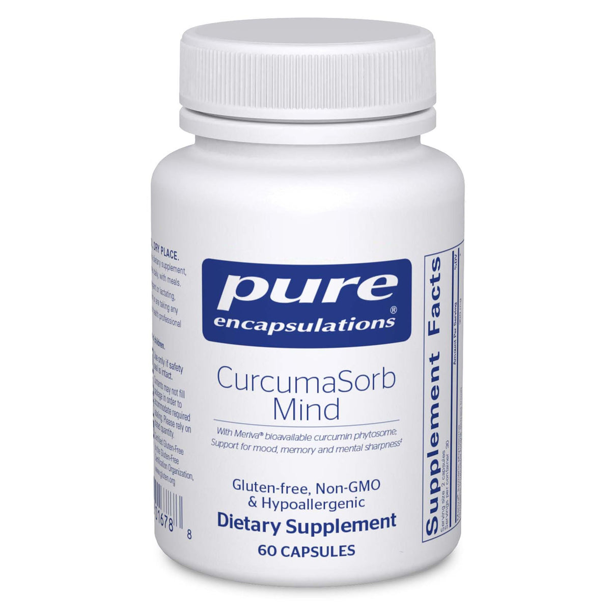 Front view of Pure Encapsulations CurcumaSorb Mind 60 capsules bottle