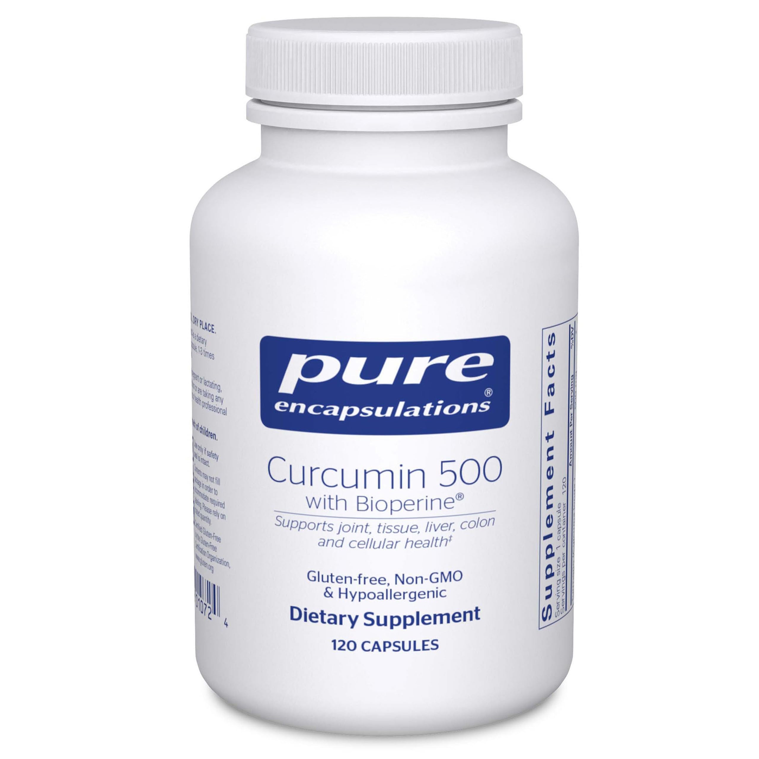 Bottle of Pure Encapsulations Curcumin 500 with Bioperine (120 capsules) on a white background