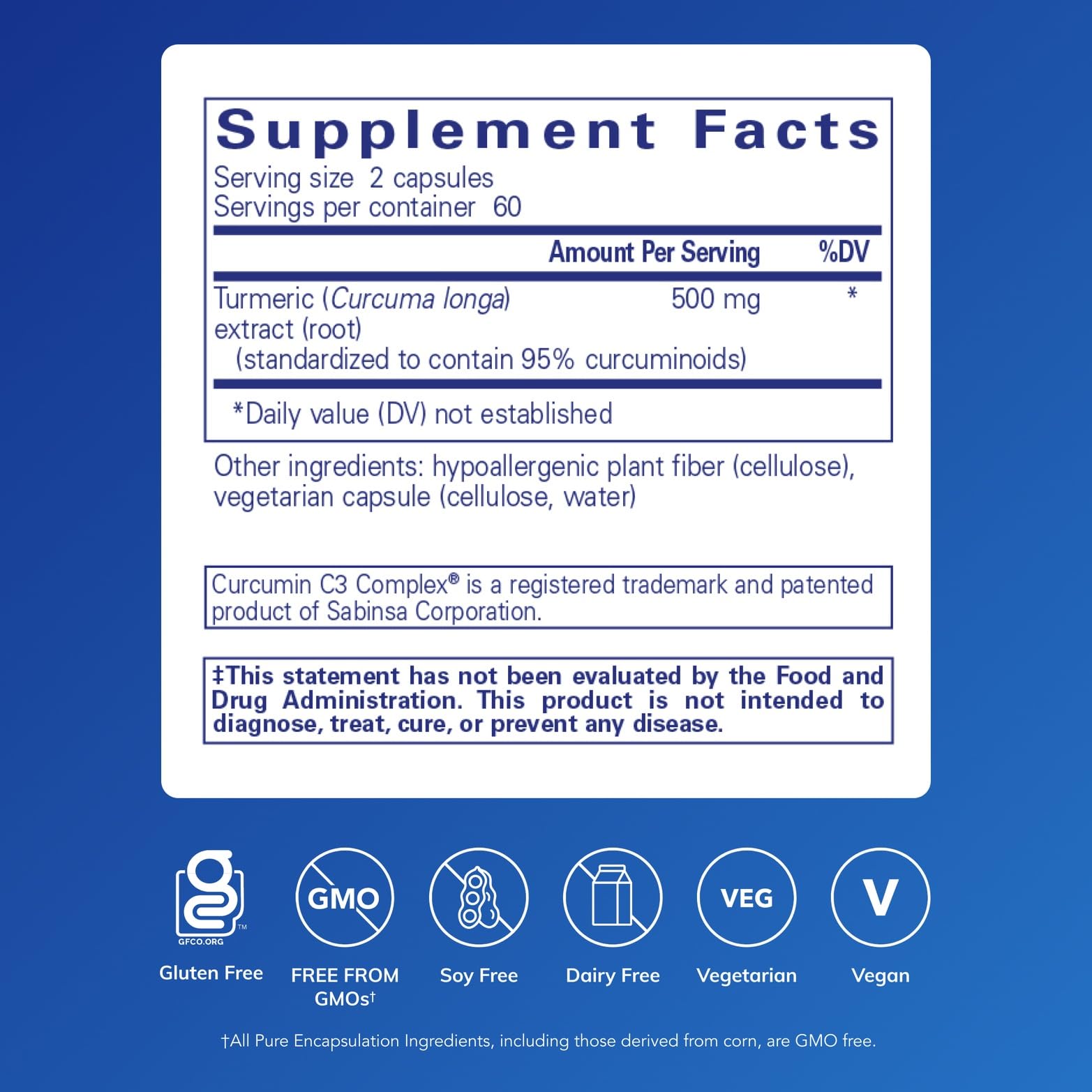 Bottle label highlighting Pure Encapsulations Curcumin 500 mg