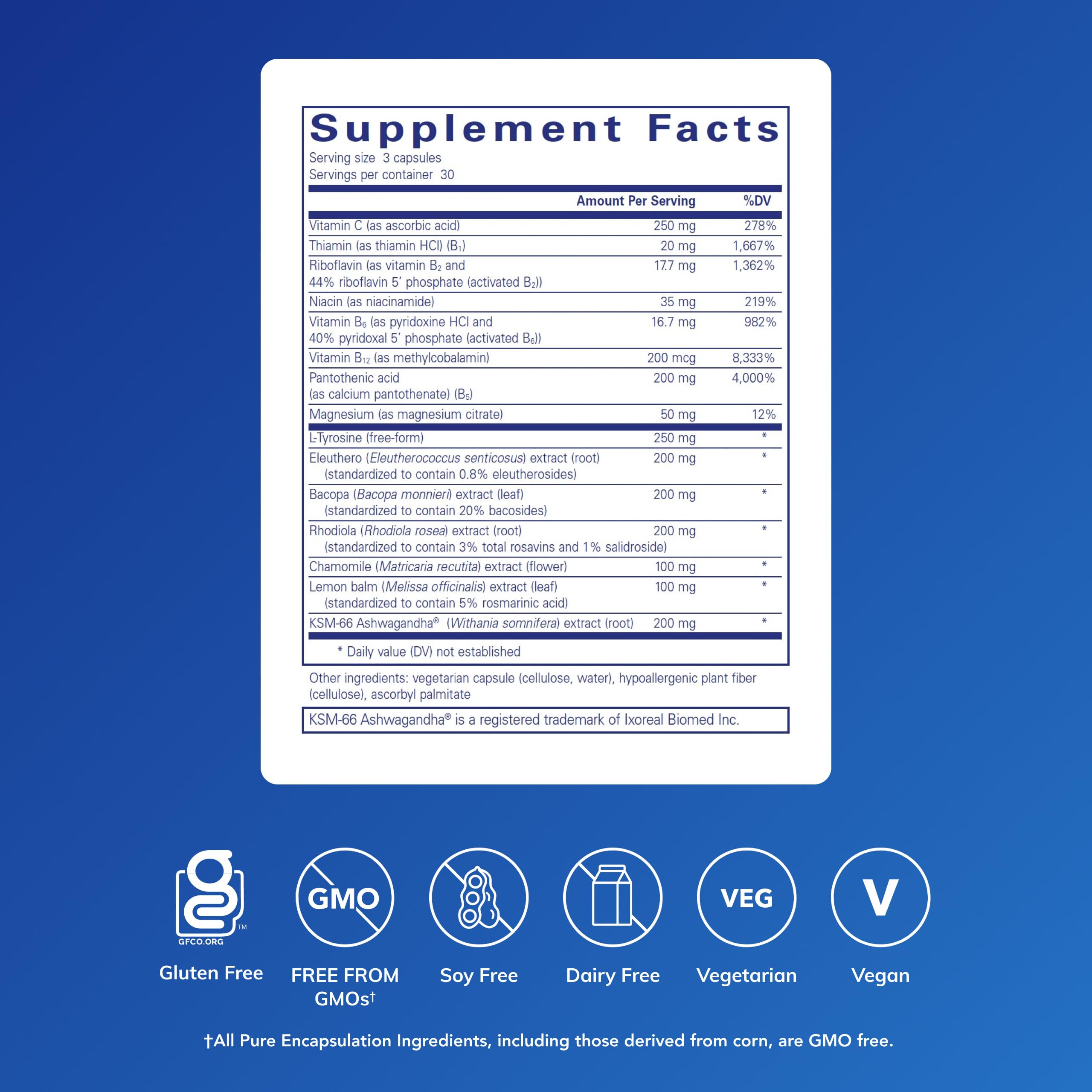 Bottle side profile of Pure Encapsulations Daily Stress Formula 90 capsules