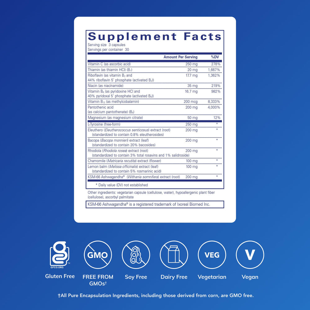 Bottle side profile of Pure Encapsulations Daily Stress Formula 90 capsules