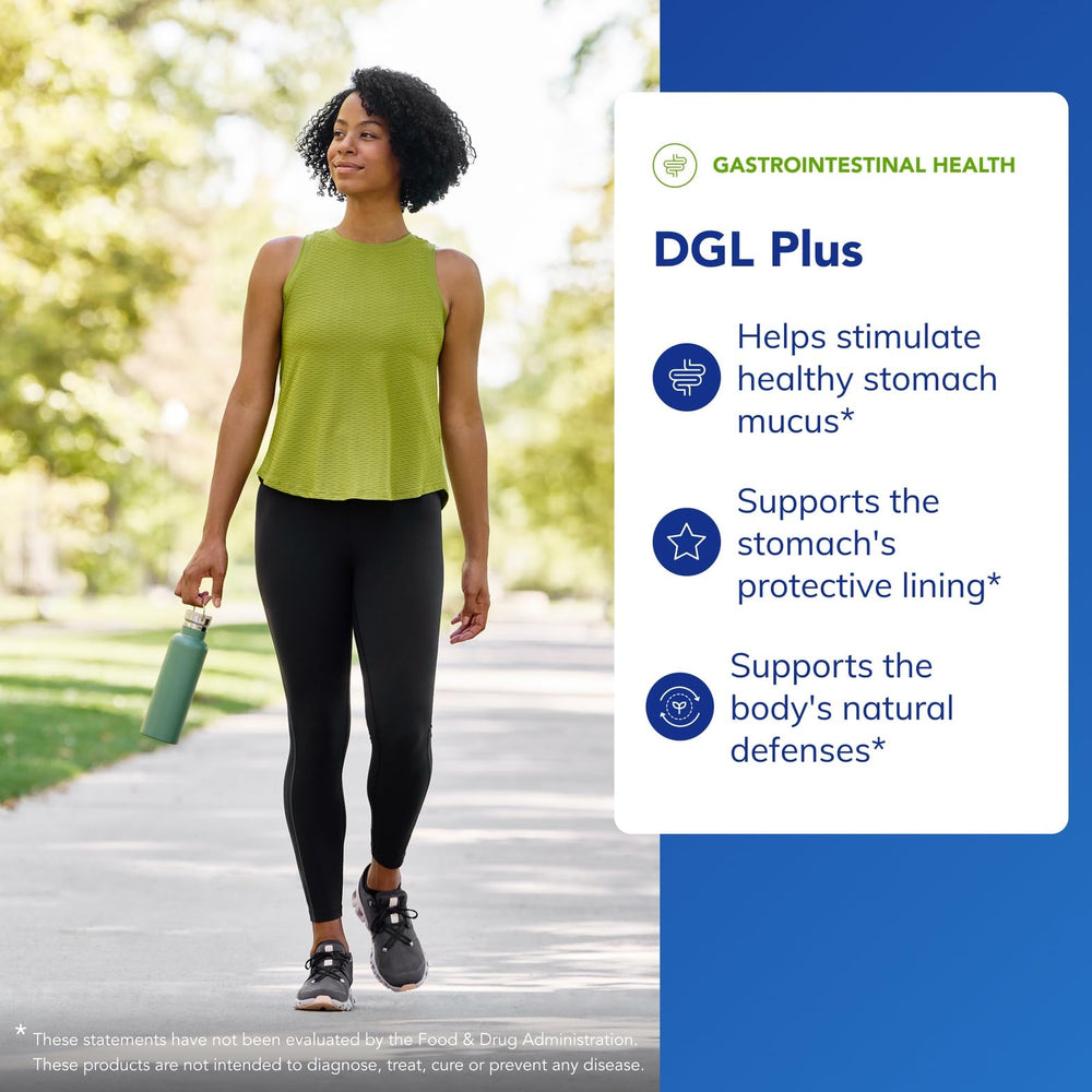 Vegan and gluten-free labeling on DGL Plus packaging