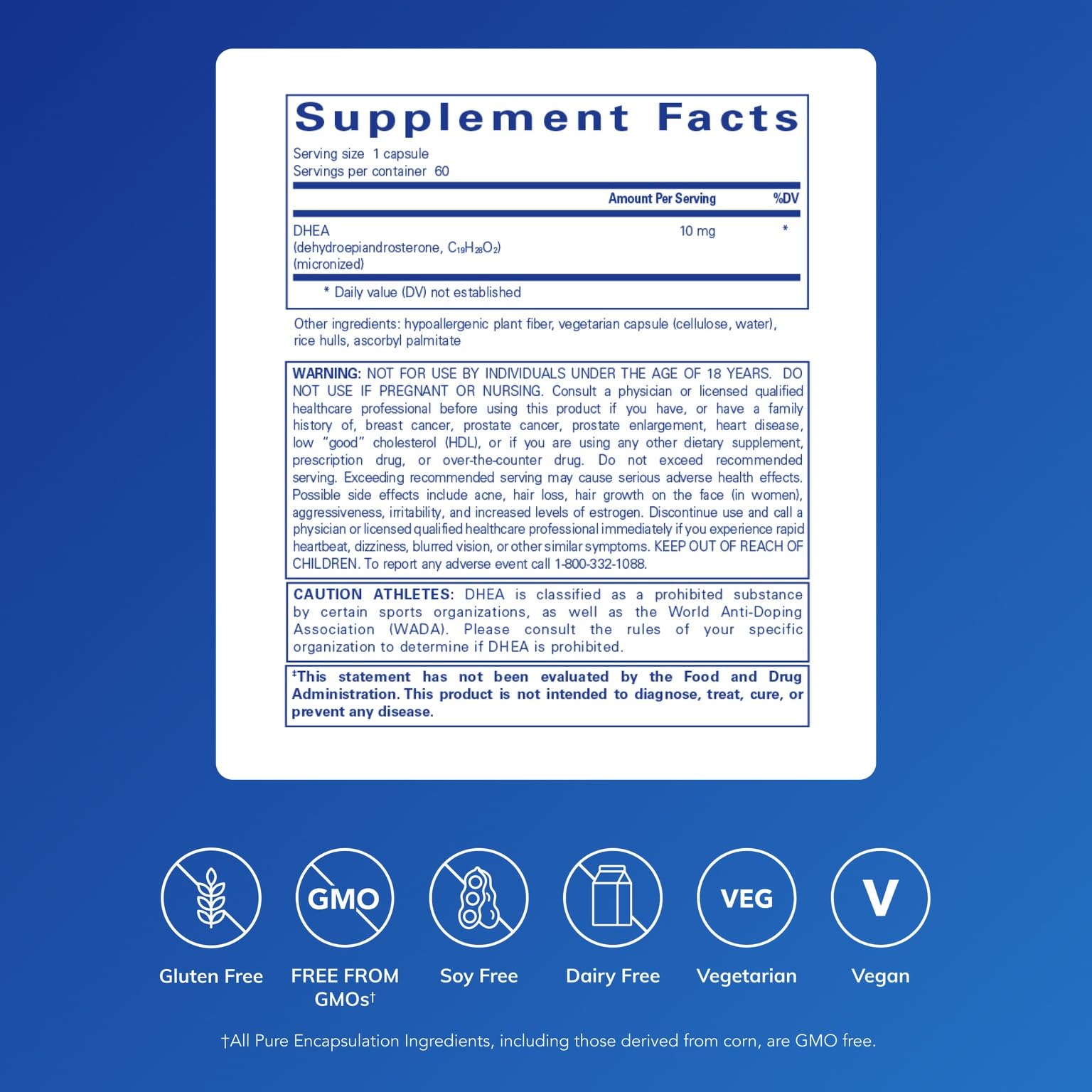 Close-up of DHEA 10 mg bottle label
