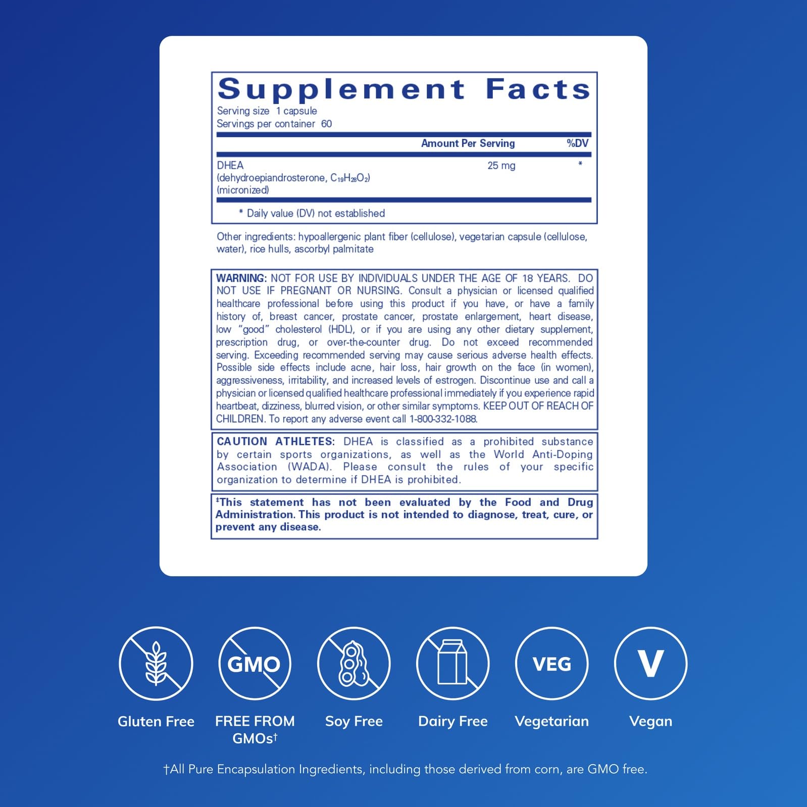 Close-up of micronized DHEA 25 mg capsules
