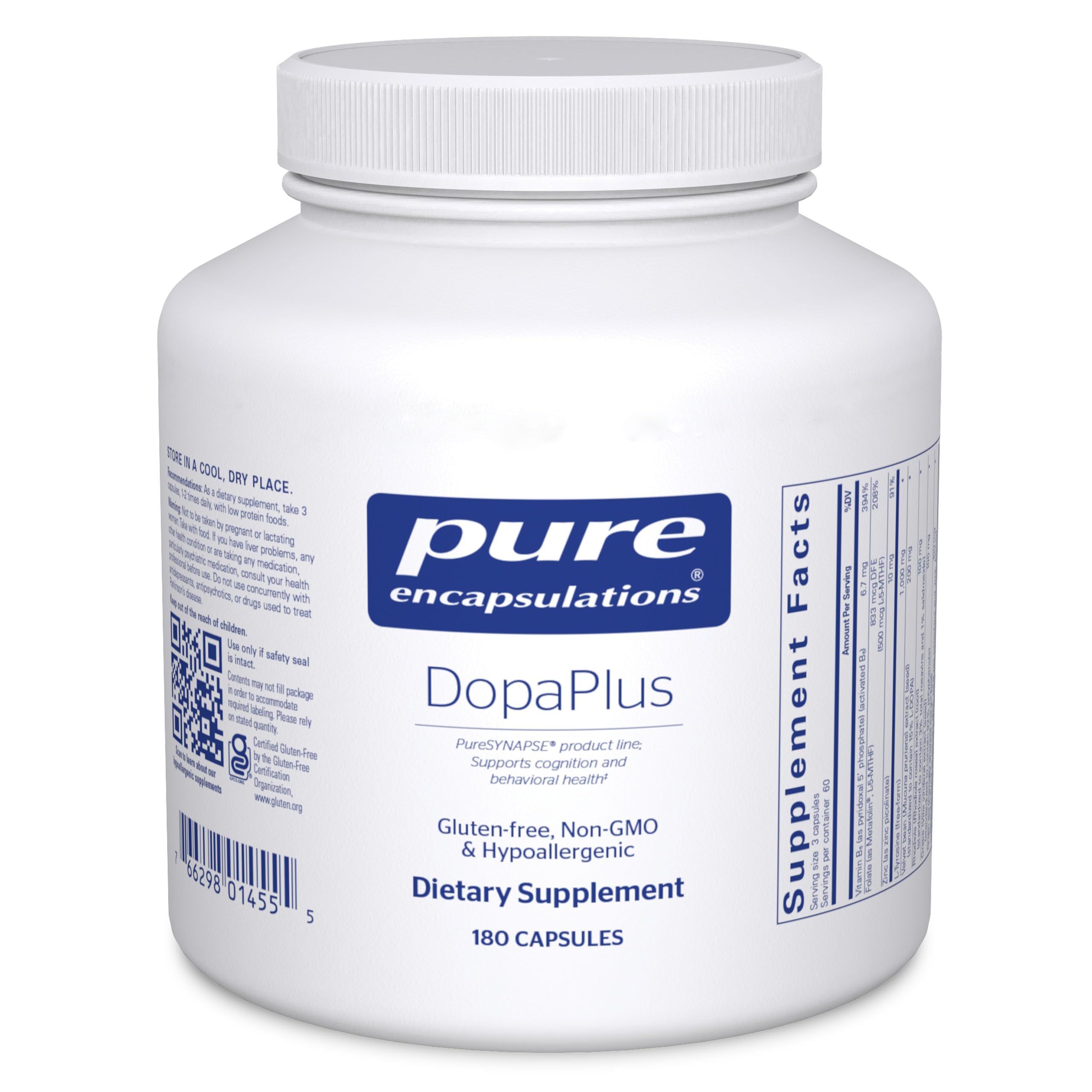 Pure Encapsulations DopaPlus bottle with label showing 180 capsules