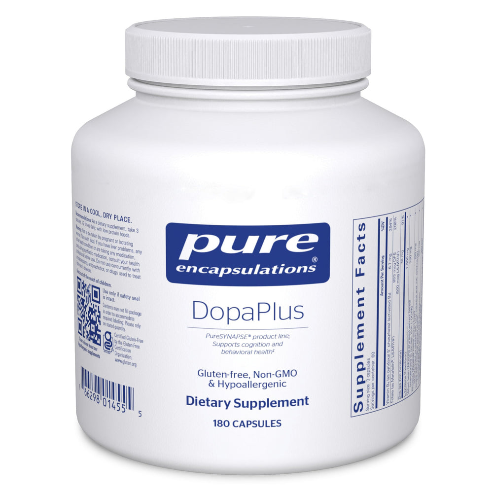 Pure Encapsulations DopaPlus bottle with label showing 180 capsules