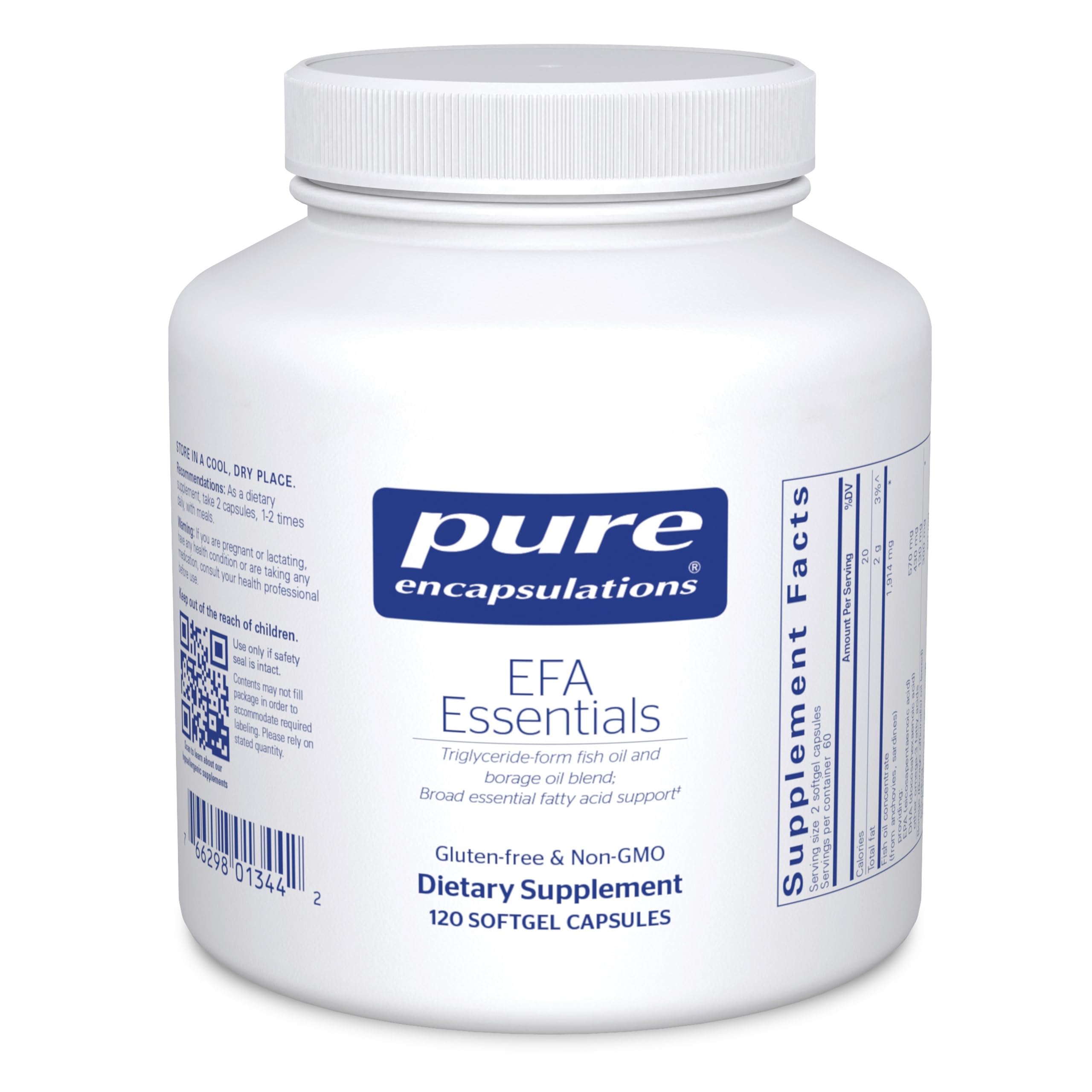 Pure Encapsulations EFA Essentials bottle; softgels for potential eye moisture and skin hydration support.