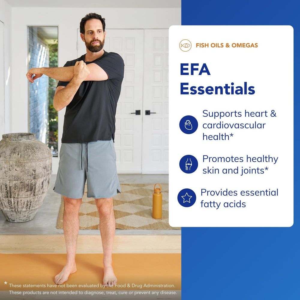 Pure Encapsulations EFA Essentials label front; omega-3 and GLA blend for skin elasticity support.