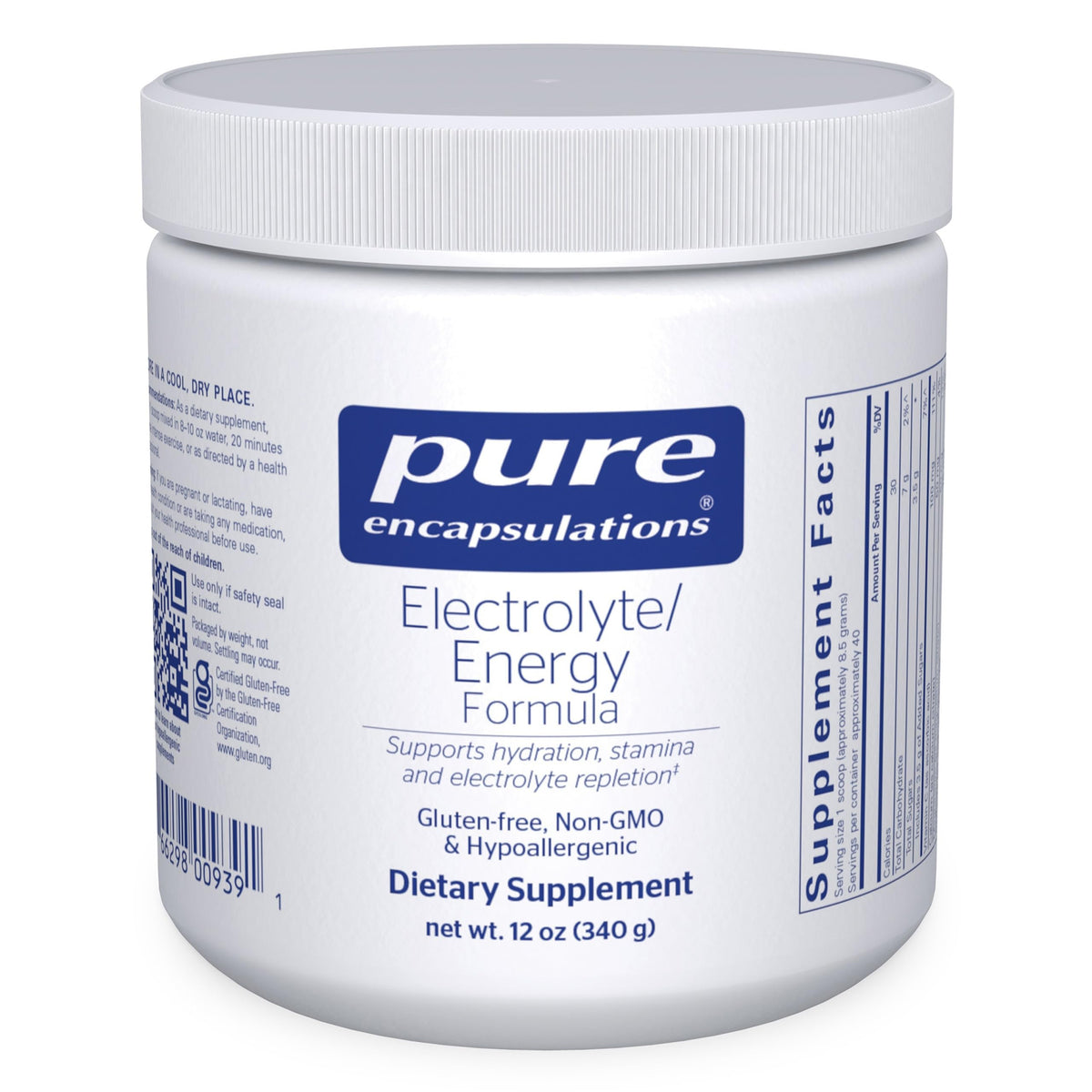 Pure Encapsulations Electrolyte/Energy bottle with clear label supports endurance during workouts.